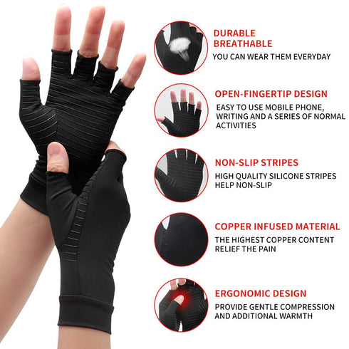 Copper Compression Arthritis Gloves - Best Copper Infused Fingerless Gloves for Pain Relief and Healing for Arthritis