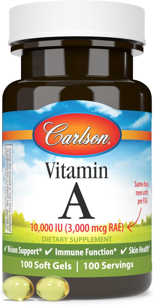 Carlson Vitamin A 10000 IU (3000 mcg RAE), 100 Softgels - Vision Health