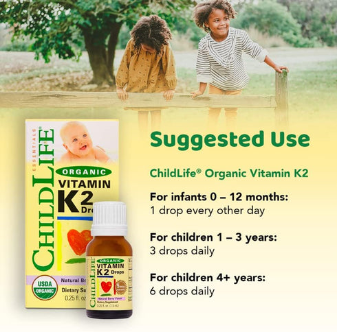 ChildLife Essentials Organic Vitamin K2 Drops - 5 mcg Liquid K2, USDA Organic, Natural Berry Flavor, 0.25 Fl Oz