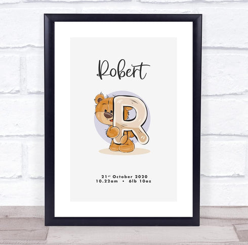 The Card Zoo New Baby Birth Details Christening Nursery Bear Initial R Keepsake Gift Print