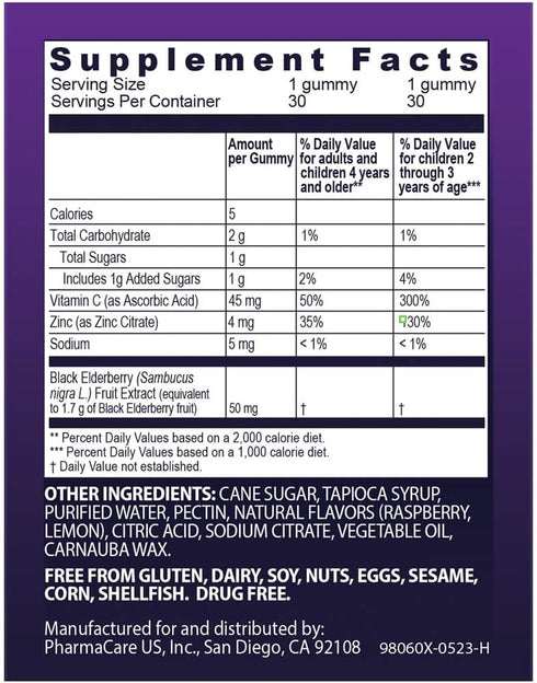 Sambucol Black Elderberry Gummies for Kids, 30 Count - Added Vitamin C & Zinc, Delicious Berry Taste