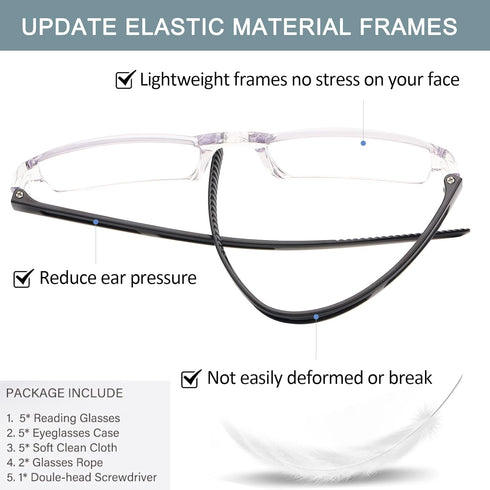 AQWANO Blue Light Blocking Computer Reading Glasses 5 Pack, Clear Frame Rimless Readers for Women Men, Lightweight
