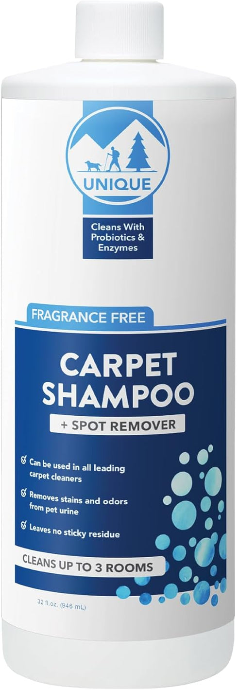 Unique Carpet Shampoo and Stain Remover, 32 oz. Liquid Concentrate, Bio-Enzymatic, for All Machines