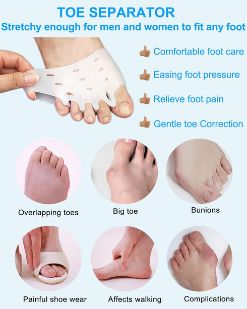 4 Pairs Metatarsal Gel Pads, Toe Separators for Bunions and Foot Pain Relief, Hammer Toe Corrector Spacers