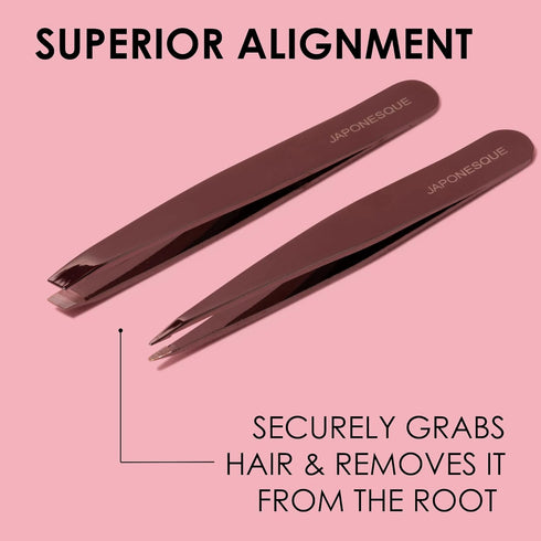 JAPONESQUE Slant and Point Tweezers Set, Hand-Sharpened Stainless, Ideal for Defining and Shaping Brows, Travel