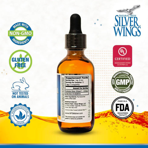 Natural Path Silver Wings Colloidal Silver Liquid, Enhanced Immune Support Supplement, 250ppm, 2oz Dropper