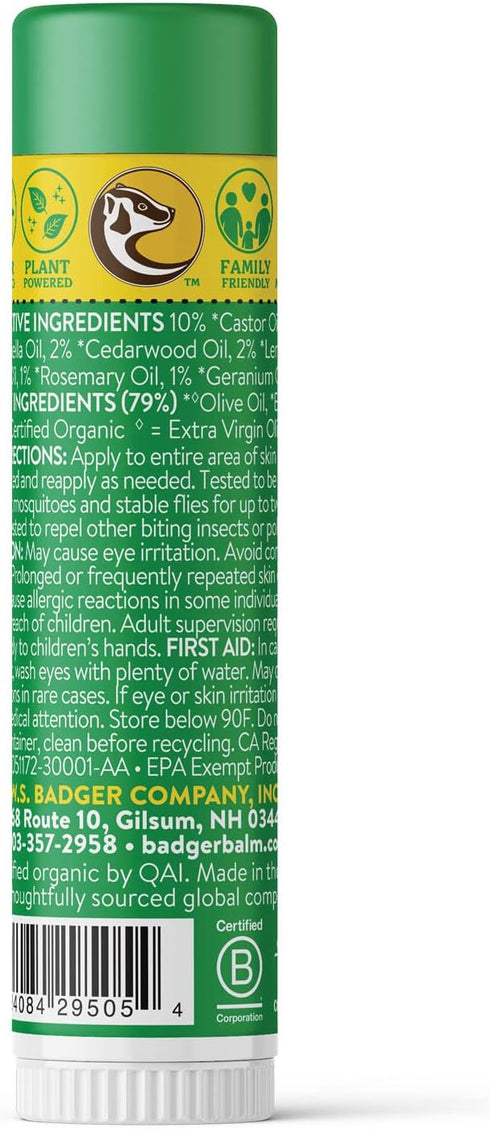 Badger Bug Repellent Stick, Non-DEET Mosquito Repellent with Citronella & Lemongrass, Easy to Use Travel Size, Natural Insect Repellent for Kids and Adults, 0.6 oz