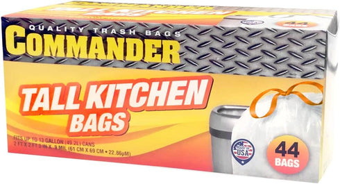 Commander 13 Gallon 0.9 MIL White Tall Kitchen Garbage Bags, Pack of 44, 24" x 27", for Home, Kitchen, Bathroom