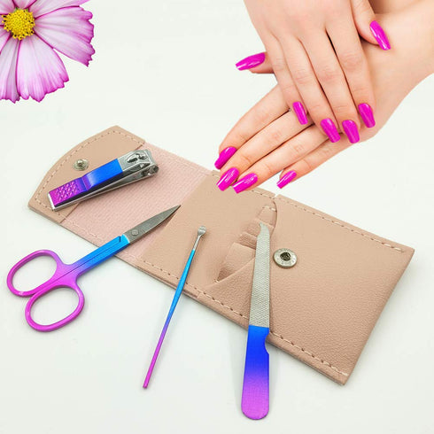 Professional Women Manicure Set, 4PCS Nail Clippers Kit, Stainless Steel Grooming Tools, PU Leather Travel Case