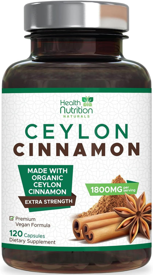 Pure Cinnamon Capsules 1800mg - Certified Organic Ceylon Cinnamon Powder, Non-GMO, Vegan, 120 Count Antioxidant Rich
