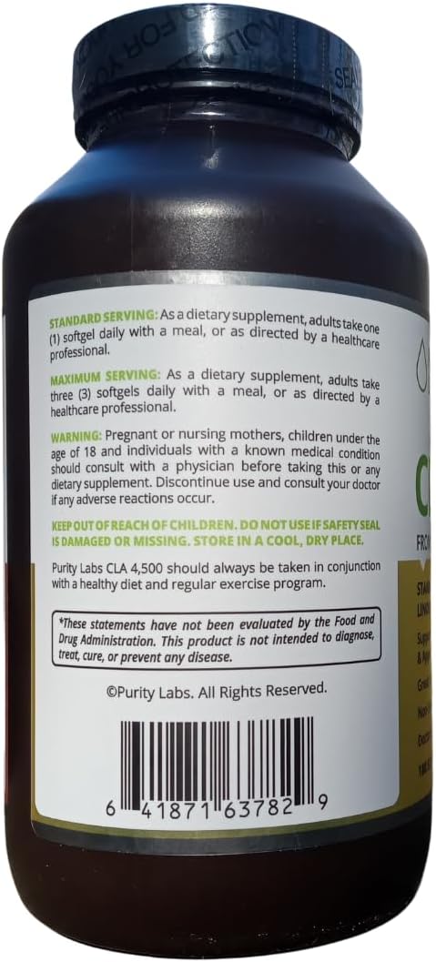 Purity Labs CLA Supplements 4500MG - Non-GMO Safflower Oil - Supports Energy, Weight Loss, Heart Health, and Muscle