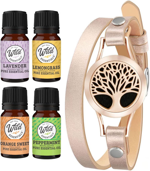 Wild Essentials Rose Gold Tree Essential Oil Leather Wrap Bracelet Diffuser, Gift