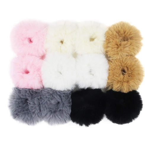 SUSULU Faux Fur Hair Bands Set of 12, Fluffy Scrunchies for Women in 6 Colors, Warm Accessories
