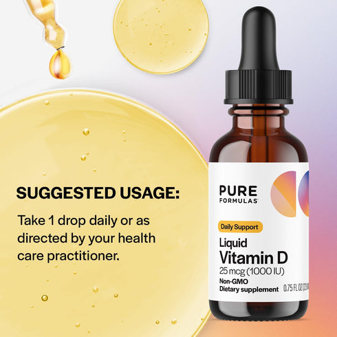 PureFormulas Liquid Vitamin D 25 mcg (1,000 IU) Drops for Daily Health, Non-GMO Vegetarian, 0.75 fl oz