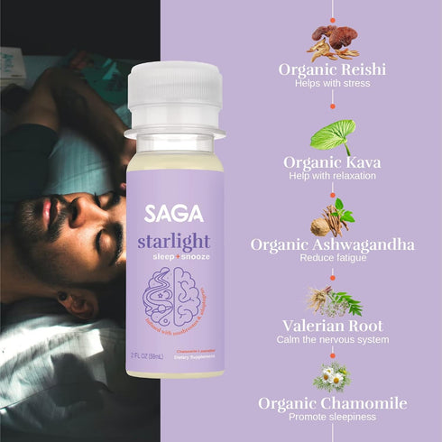 SAGA Organic Sleep Shots | Contains Adaptogens & Mushrooms - Valerian Root, Reishi, & GABA | High Bioavailability & Fast Onset | Reduce Fatigue & Calm Nervous System | Lavender 2oz Shots (6-Pack)