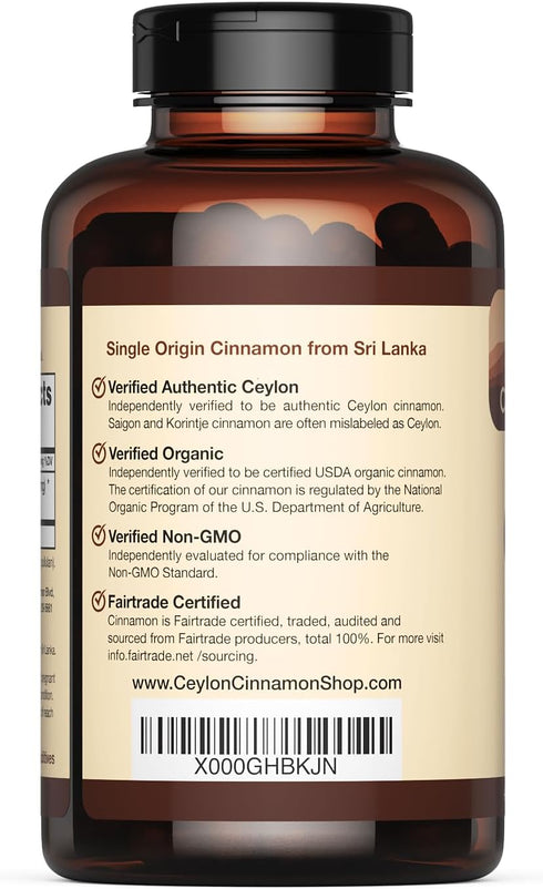 Organic Ceylon Cinnamon (100% Certified) Supplement - 180 Capsules, 3 Month Supply