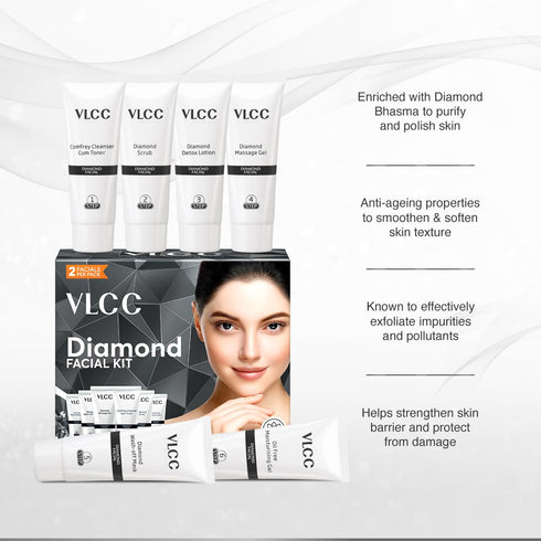 VLCC Party Diamond Facial Kit - Single Use, Salon-Like Facial at Home in 6 Steps, Includes Cleanser, Scrub, Cream, Face