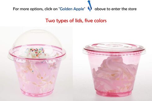 Golden Apple 9oz Pink Red Plastic Cups, 50 Sets with Clear Flat No Hole Lids