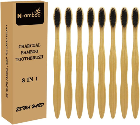 Extra Hard Bamboo Toothbrush, 8 Pieces of One Pack, Firm Bristles Super Hard