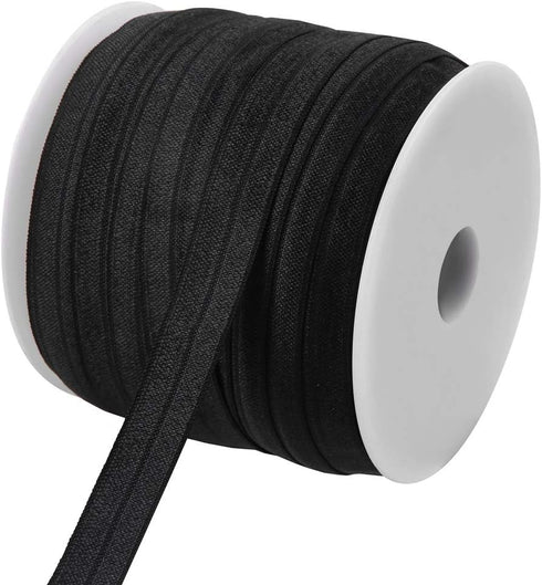 Teemico 50 Yards Black Elastic Foldover Ribbon | Stretch Fold Over FOE Elastics for Hair Ties
