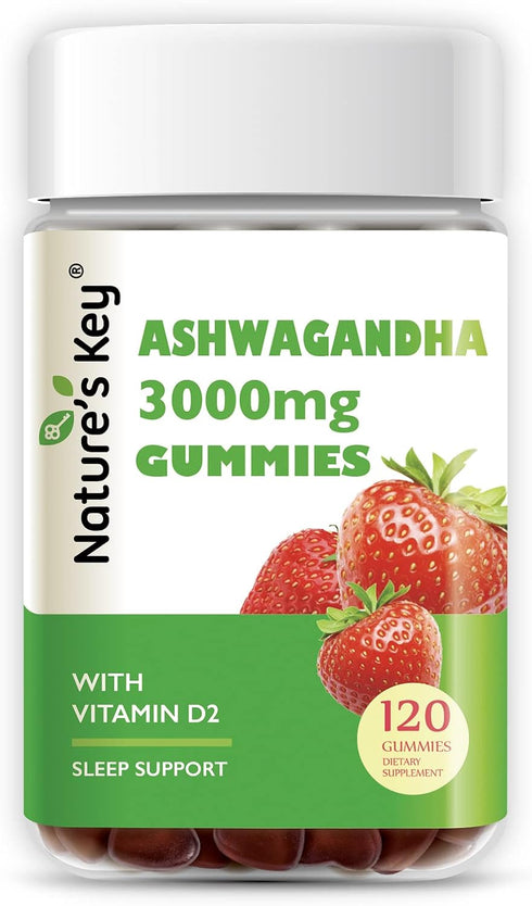 Nature's Key Ashwagandha Gummies, High Potency with Vitamin D2, for Men & Women, Stress & Calm Mood, 120 Count