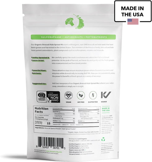Sprout Living Organic Broccoli and Kale Sprout Mix, Freeze Dried Superfood Greens Powder, 100% Pure, Vegan, Non-GMO,