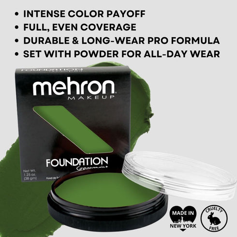 Mehron Makeup Foundation Greasepaint, Stage, Face Paint, Body Paint, 1.25 oz (38 g) (GREEN) for Halloween Makeup