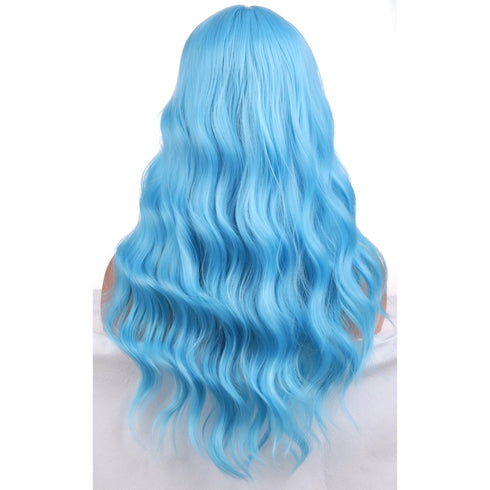 BERON Blue Long Curly Wigs for Women, Light Blue Heat Resistant Synthetic Wig with Bangs for Cosplay