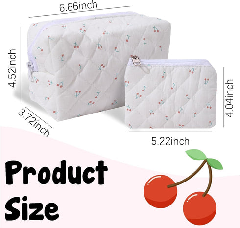 LYDZTION 2Pcs Cute Quilted Makeup Bag for Women, Coquette Cherry Makeup Bag with Purse Pouch, Travel Essentials