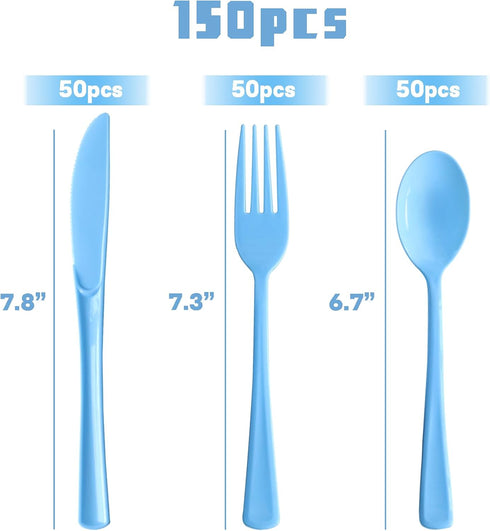 150 Pack Light Blue Plastic Silverware, Light Blue Plastic Utensils Heavy Duty, 50 Light Blue Plastic Forks, 50 Blue Knives, 50 Blue Spoons for Birthday Wedding Baby Shower … … by joy akkess