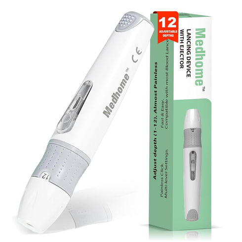 Lancing Device with 12 Adjustable Depth Settings, Diabetes Testing Device with Push Button Ejector, Minimizes Pain in