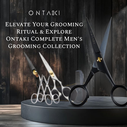 Ontaki 5" Professional German Beard & Mustache Scissors with 2 Comb & Carrying Pouch - Black Facial Hair Grooming Kit