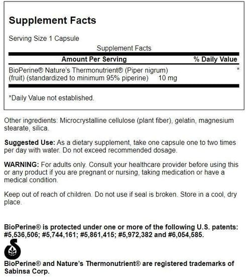 Swanson Bioperine Nutrient Absorption Enhancer 10 Milligrams 60 Capsules
