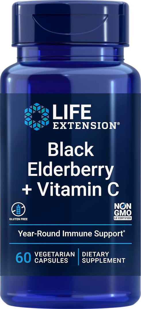 Life Extension Black Elderberry + Vitamin C, Everyday Immune Support, Gluten Free, Non-GMO, Vegetarian, 60 Capsules