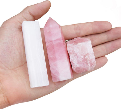 MIMOSA Healing Crystal Wand with Raw Rose Quartz & Selenite, Rose Quartz