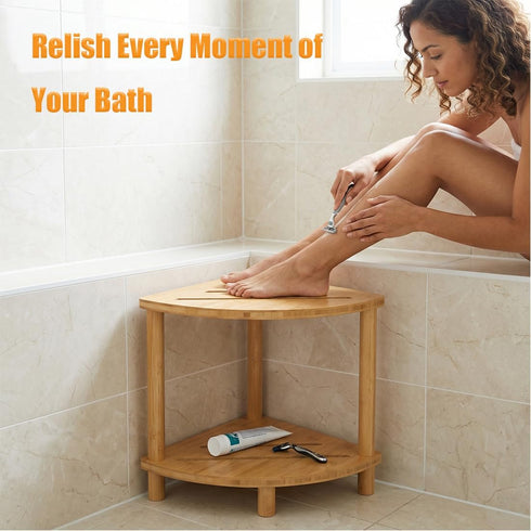 LZDGCC 2-Tier Bamboo Corner Shower Stool, Non-Slip Adjustable Shower Feet Stool for Shaving Legs, Shower Foot Rest
