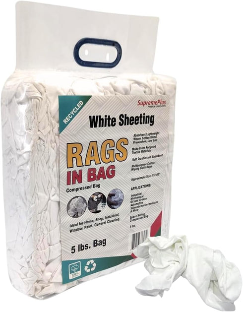 Recycled White Sheeting Rags – Lint Free Rag for All Cleaning Purpose, Shop Bulk Wipes in Bag, Clean & Wipe Paint, Window, Oil, Stain, & Grease, Cotton Linen Fabric Cloth (5 lbs. Bag) by SupremePlus