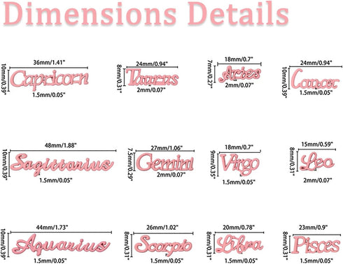JERCLITY 24 Pieces Pink Alloy Zodiac Nail Charms, 12pcs Zodiac Signs and 12pcs Constellation Words Nail Charms for