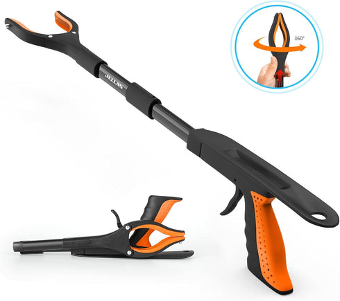 Jellas 2-Pack 32 Inch Grabber Reacher Tool with Magnetic Tip, 360 Degrees Rotating Jaw, Shoehorn for Elderly (Orange)