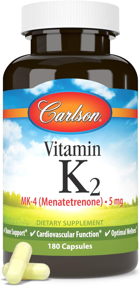 Carlson Vitamin K2 MK-4 (Menatetrenone), 5 mg, Bone Support Supplement, Soy-Free, 180 Capsules
