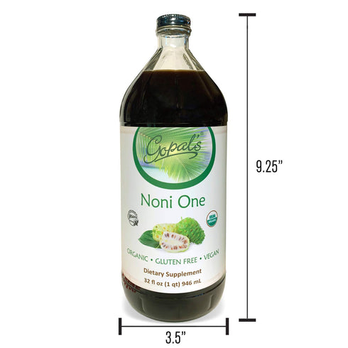 Gopals Noni One 100% Pure Organic Noni Juice, 32oz Glass Bottle, Gluten-Free & Vegan