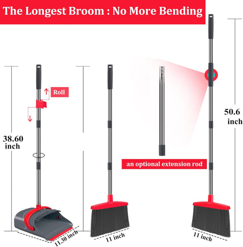 Broom with Dustpan Combo Set, Broom with Dust pan Set, Long Handle Broom and Dustpan Set for Home Kitchen Room Office Lobby Indoor Floor Cleaning, Upgrade Dust pan and Broom Set(Gray Red)