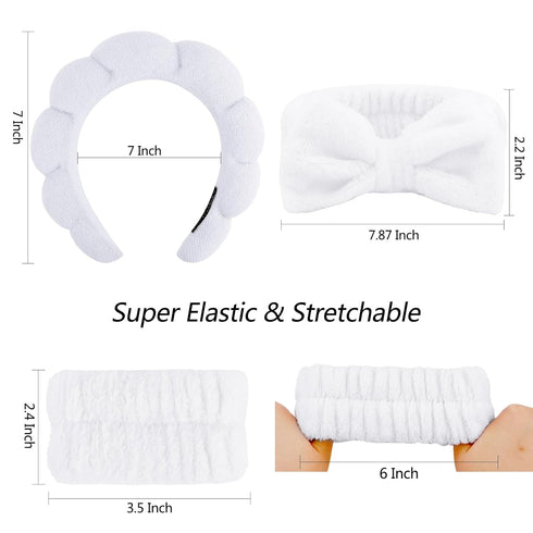 VELSCRUN 6 Pack Spa Headband, Makeup Headband, Face Wash Headband, White Sponge Hair Band Bow Tie for Women