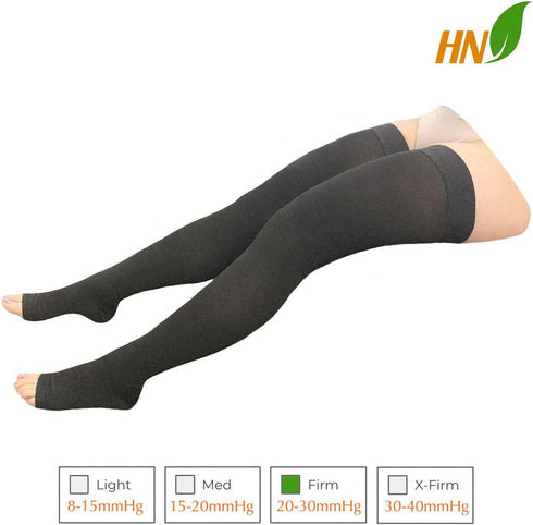 HealthyNees 20-30 mmHg 3X-Large) Thigh Open Toe Compression Knee High Wide Calf Leg Socks (Black