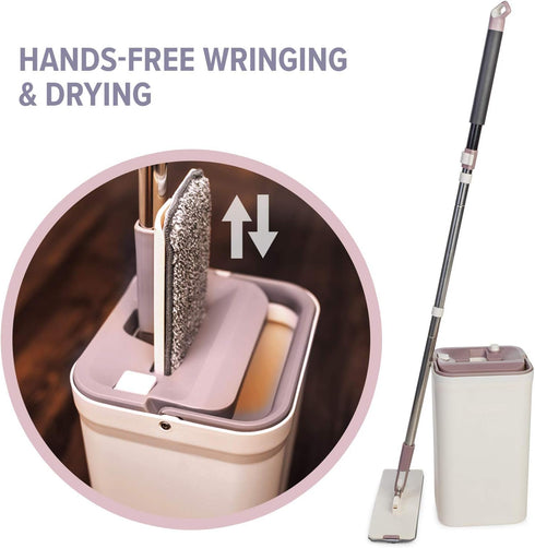 Micro Flat Mop & Bucket System, Hands-Free Wringing, 3 Washable Microfiber Pads for Floor Cleaning