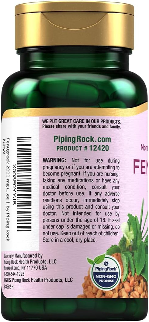 Piping Rock Fenugreek Capsules 2000mg 100 Pills | Concentrated Herbal Extract Supplement