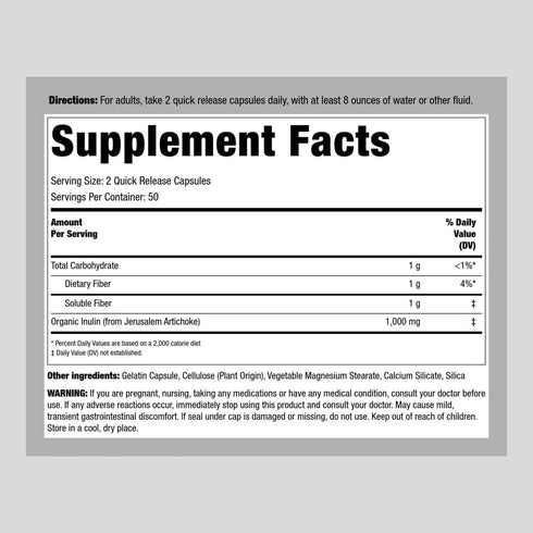 Piping Rock Inulin Capsules 1000 mg | 100 Count | Low Glycemic Index | Soluble Fiber Supplement | Non-GMO, Gluten Free
