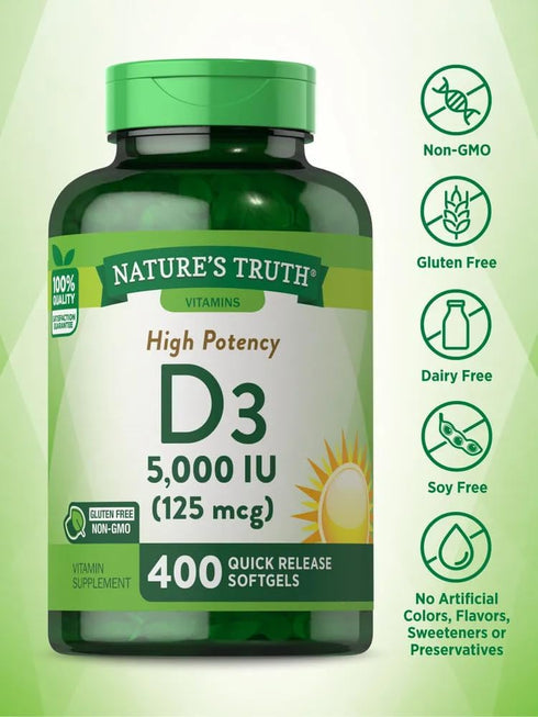 Nature's Truth Vitamin D3 5000 IU | 400 Softgels | High Potency Non-GMO & Gluten Free Supplement