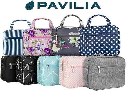 PAVILIA Hanging Toiletry Bag, Foldable Cosmetic Organizer for Women Men, Water Resistant Travel Essentials Kit, Navy