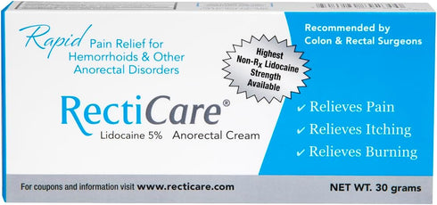 RectiCare Anorectal Lidocaine 5% Cream for Hemorrhoids & Anorectal Disorders, 30g Tube